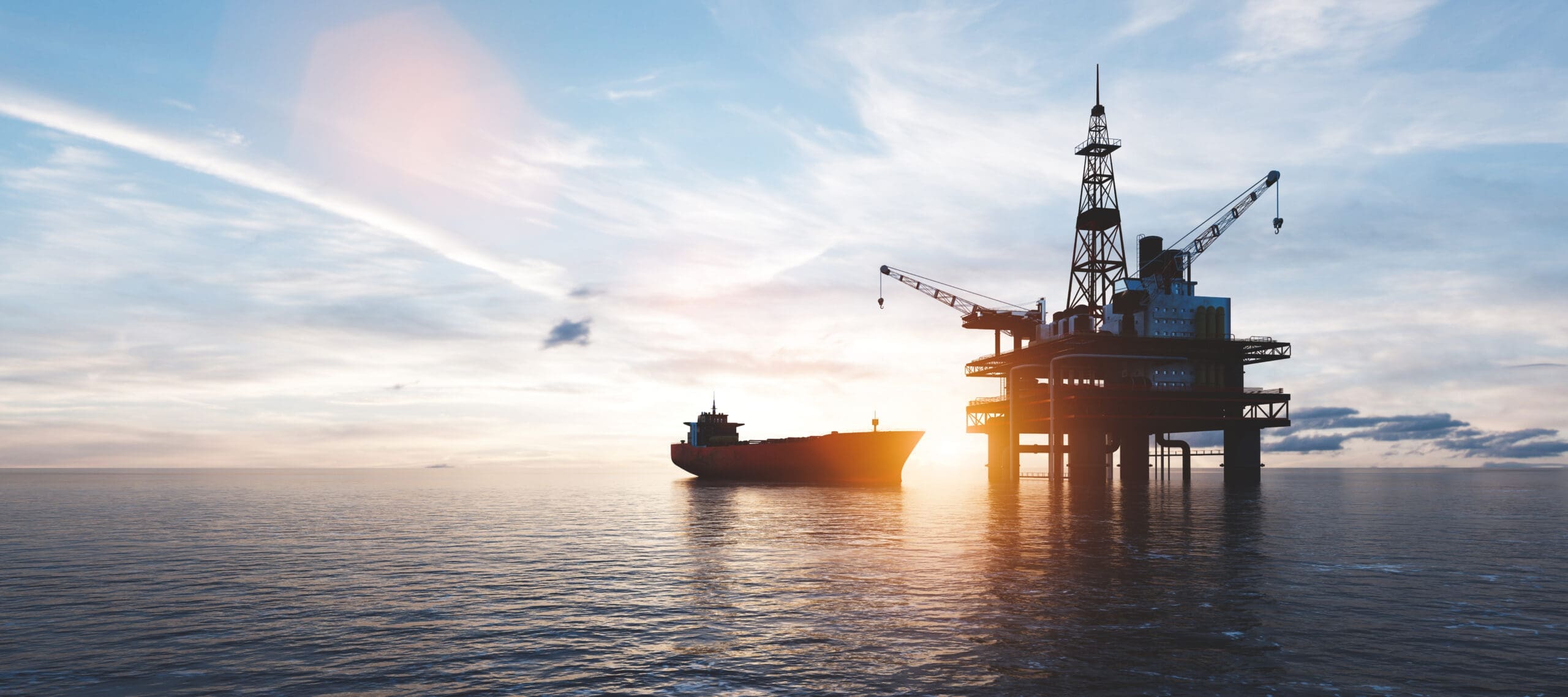Oil platform on the ocean. Offshore drilling for gas and petroleum or crude oil. Industrial Preexi